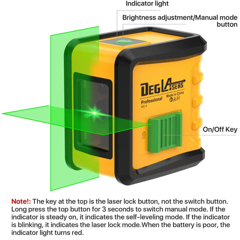 Self Leveling Green Cross Line Laser Level With Tripod For Picture Hanging And Home Renovation DIY Friendly Pro Grade Indoor Construction Tool With Bright Hundred Foot Visibility And One Ninth Inch Precision At Thirty Three Feet Battery Included, side view of yellow device with green laser line and control buttons visible
