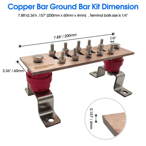 Heavy Duty Copper Ground Bus Bar Kit 7.88 Inch By 2.36 Inch By 0.157 Inch With One Quarter Inch Terminal Positions, UL Listed
