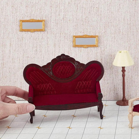 Miniature room with 1:12 Scale Dollhouse Furniture Set Vintage Red Wooden Carved Sofa Bench And Armchairs For Living Room Decor