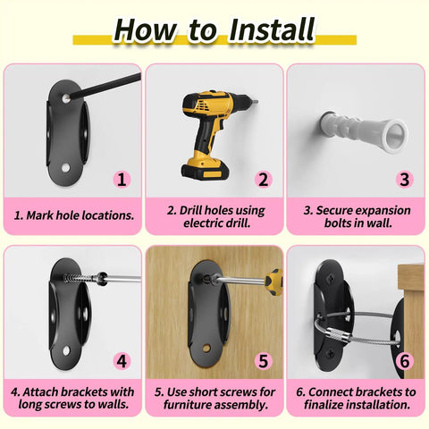 How to install Heavy Duty Anti Tip Furniture Anchors Six Pack Kid Safe Wall Straps for Dresser Stability with step-by-step guide.