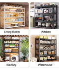 Beefy Six Tier Heavy Duty Metal Shelving Rack With No Sweat No Screw Snap Together Assembly For Clutter Free Garage Pantry Basement Or Home Office Storage in living room, kitchen, balcony, and warehouse settings.