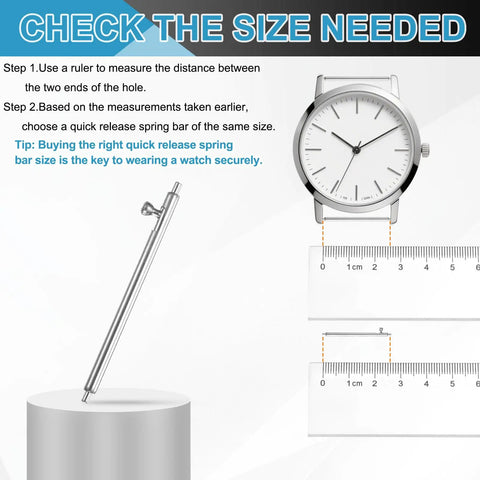 Premium 15 Pack Quick Release Spring Bars 23mm Length 1.5mm Diameter 304 Stainless Steel Watch Pins with measurement tools.