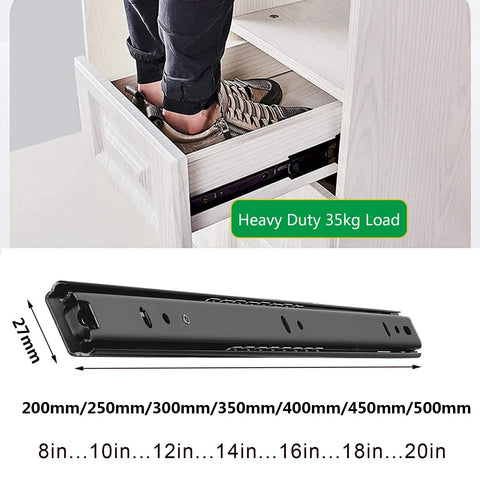 Beefy Heavy Duty Ball Bearing Drawer Slides 30kg Capacity For Kitchen Cabinets And Desks, Silent Metal Runners, Smooth 2 Section Guide Rails For Keyboard Trays, Includes Fixing Screws. 27mm steel drawer slide, 35kg load, black