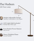 Tall Arc Floor Lamp With Sturdy Base In Rubbed Bronze LED Reading And Living Room Light Adjustable Arm with height specifics
