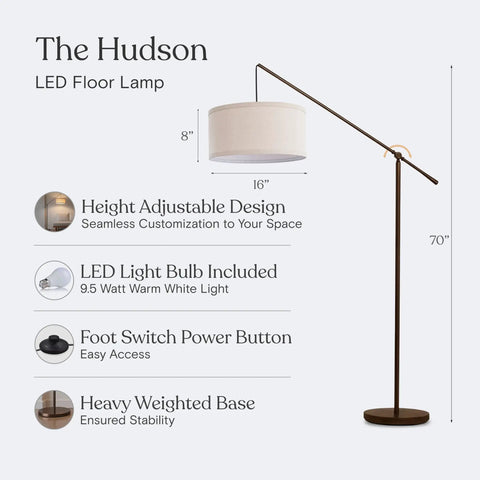 Tall Arc Floor Lamp With Sturdy Base In Rubbed Bronze LED Reading And Living Room Light Adjustable Arm with height specifics