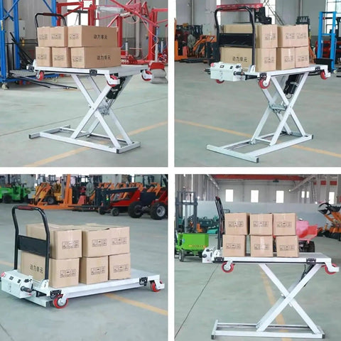 Heavy Duty Portable Hydraulic Lift Table Cart With Electric Motor And Strong Steel Shear Fork For Moving Heavy Loads Up To 660 Lbs Safely In Warehouse Or Garage Jobs with boxes