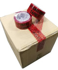 1 red tamper-evident packing tape roll on a cardboard box; VOID film visible.