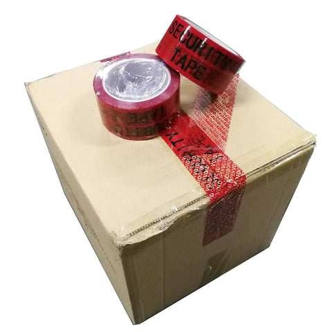 1 red tamper-evident packing tape roll on a cardboard box; VOID film visible.
