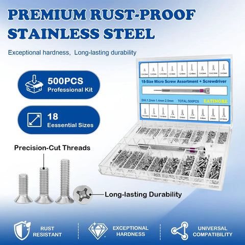 Premium 500 Piece Micro Screws Assortment Kit With M1.2 M1.4 M2 Tiny Fasteners Inside Hella Slick Labeled Case layout with screws.