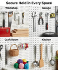 Pegboard Bins and Hooks Set Four Pack Open Front Small Parts Organizer for Screws Nails Nuts Bolts Tools with Two Inch Hooks for Quick Grab Garage Workshop Wall Storage displayed with tools in various settings.