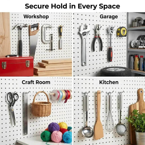 Pegboard Bins and Hooks Set Four Pack Open Front Small Parts Organizer for Screws Nails Nuts Bolts Tools with Two Inch Hooks for Quick Grab Garage Workshop Wall Storage displayed with tools in various settings.