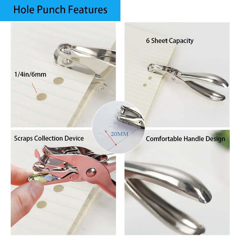 Two Pack Quarter Inch Hole Punch Set With Twenty Binder Rings Ten Silver And Ten Colorful for DIY Crafts, steel, 6-sheet capacity