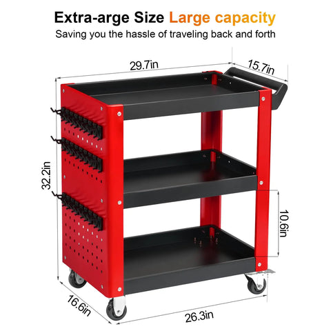 Heavy Duty 3 Tier Rolling Tool Cart Built Tough As Nails For Mechanics And Garage Shops Rock Solid Alloy Steel Frame With 1000 Lb Max Load Capacity Red Black