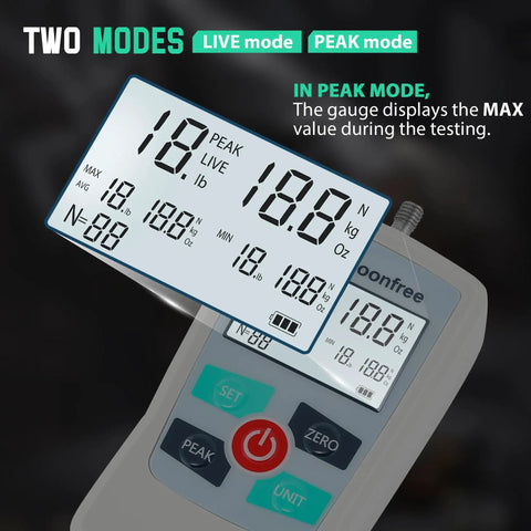 Digital Trigger Pull Gauge 110 Lb Capacity, Pro Grade Force Meter With Switchable Units Lb, Oz, N, Kg, 500N And 50Kg Max, 0.01 Kg Resolution, 1 Oz And 0.1 N Readouts, Accurate Measurement, Includes Trigger Hook, Battery Powered. Display showing peak and live modes