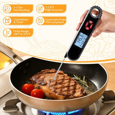 Digital Meat Thermometer With Countdown Timer For Kitchen And Outdoors, Ultra Fast 3-Second Readings, used on steak in pan