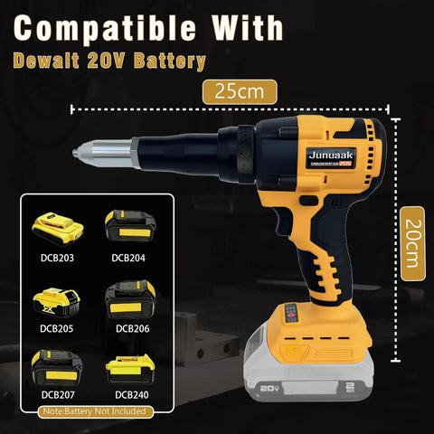 Workhorse Cordless Rivet Gun With Brushless Motor And One Button Auto Riveting For 20V Batteries, showing size and compatible attachments.