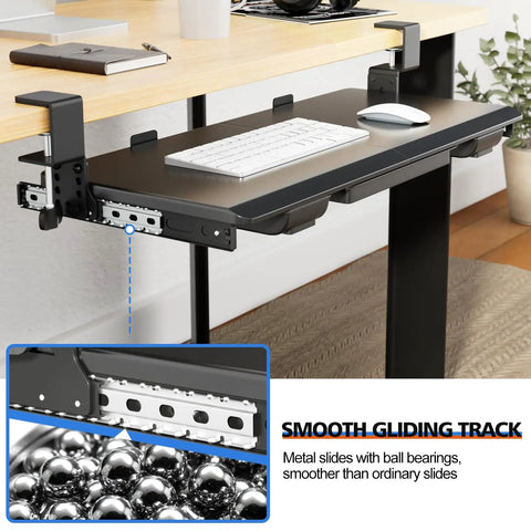 Large Height Adjustable Keyboard Tray With Sturdy C Clamp Mount And Storage Drawer, close-up on smooth sliding tracks