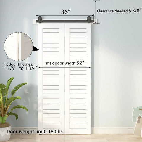 36 Inch Bi Folding Sliding Barn Door Hardware Track Kit With Heavy Duty Top Mounted Black Rollers For Two Doors