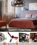 Bedroom with Low Profile Caged Ceiling Fan With Lights And Remote Control, Flush Mount Modern Industrial Style, Safe 360 Degree Metal Cage.