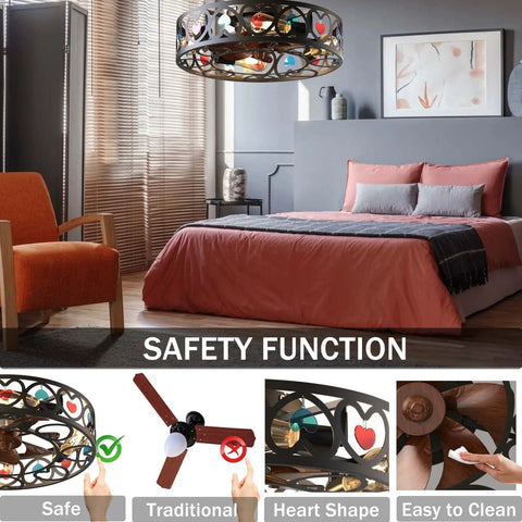 Bedroom with Low Profile Caged Ceiling Fan With Lights And Remote Control, Flush Mount Modern Industrial Style, Safe 360 Degree Metal Cage.
