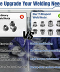 Comparison of ordinary weld nuts vs 60 Piece T Shaped Weld On Nut Assortment highlighting stability and strength.