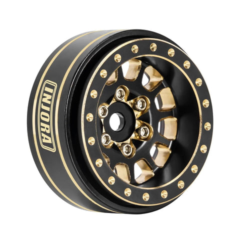 Black and gold brass beadlock wheel rim with 12 spokes for TRX4M SCX24 FCX24 1 24 1 18 scale RC crawler, gray coated alloy.