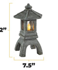 Tranquil Pagoda Solar Garden Statue With Flickering Led Lantern Outdoor Japanese Zen Decor Water Safe Polyresin Yard Light Day To Night Glow For Lawn Pathway Serene Backyard Accent That Shines Brightly, 12 inches tall and 7.5 inches wide.