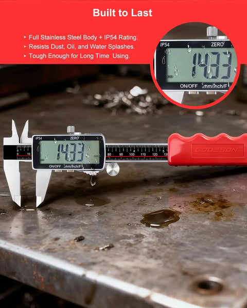 Rechargeable Digital Caliper Six Inch With USB C Charging And Power Indicator 0.01mm Accuracy Pro Grade Performance Large LCD Vernier Caliper IP54 Stainless Steel Metric Inch Fraction For Woodworking And DIY on metal surface