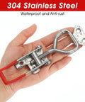 Heavy Duty Toggle Latch Clamp Set With Lock Holes, 304 Stainless Steel shown in hand, adjustable design.