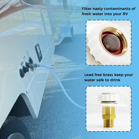 RV Water Inlet Connection With Brass Flange And Check Valve, City Water Fill Kit Half Inch NPT Male, 3 Inch Inlet Flange, City Water Hookup For Camper, Hose Connector Replacement, White installed on RV side with brass mesh filter