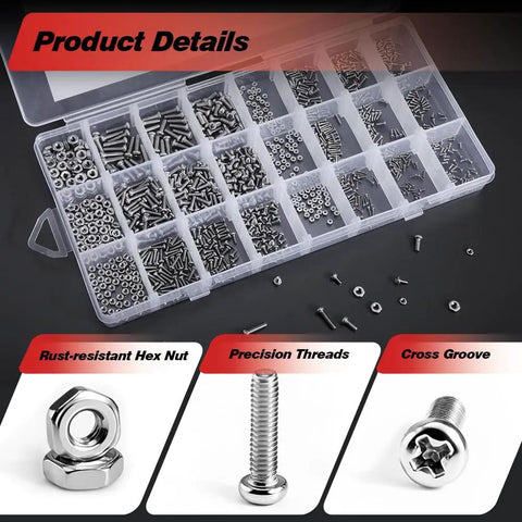 1110 Pcs Micro Screw And Nuts Kit Stainless Steel Phillips Screws M1 for electronics, watches, and DIY repairs, organized in a box