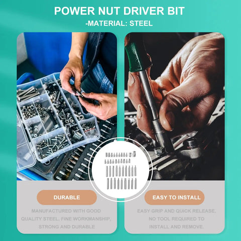Power nut driver bit set made of steel, featuring various styles for easy installation, displayed in a toolbox.
