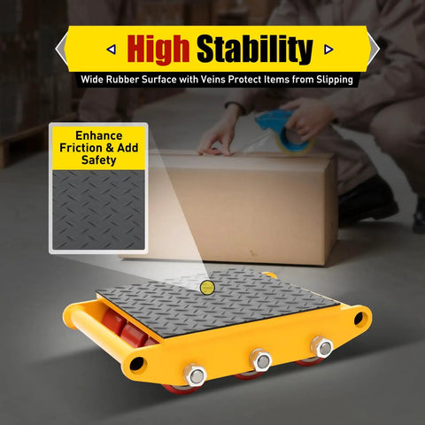 Heavy Duty Machine Dolly Skate 15 Ton Capacity Roller Cargo Trolley With Non Slip Belt For Industrial Equipment Relocation Yellow sturdy alloy steel base close-up view of rubber surface for enhanced stability.