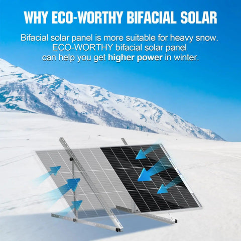 High Efficiency Bifacial Solar Panel Kit 2x100W Monocrystalline Off Grid PV Modules in snowy landscape