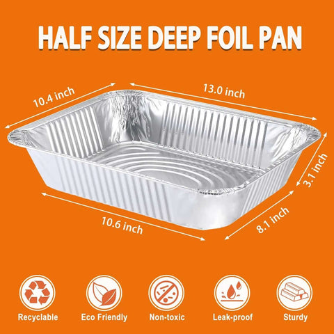 Heavy Duty Foil Pans 9x13 Disposable Deep Steam Table Trays Pack Of 30 shown with dimensions on orange background