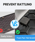 Comparison of two license plate brackets, highlighting foam padding to prevent rattling, on Mercedes Benz Rear License Plate Bracket Holder 6x12 Inch Frame Fits 2007 2025 Cars Replace OEM 1698170211 A0008101711 With Screws And Wrench Included.