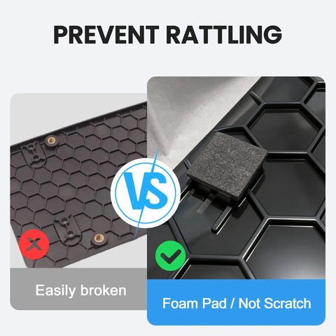 Comparison of two license plate brackets, highlighting foam padding to prevent rattling, on Mercedes Benz Rear License Plate Bracket Holder 6x12 Inch Frame Fits 2007 2025 Cars Replace OEM 1698170211 A0008101711 With Screws And Wrench Included.