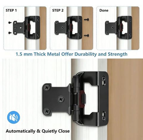 Half Inch Overlay Black Cabinet Hinges Boasting Smooth Self Closing Action For Face Frame Kitchen Doors in installation steps.