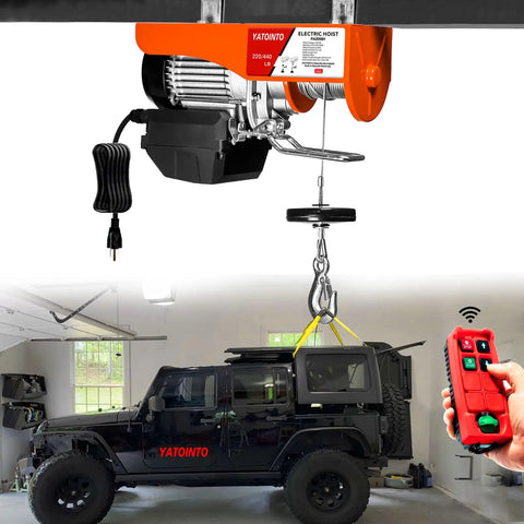 120V Heavy Duty Electric Hoist With Wireless Remote And Emergency Stop 440 Lbs Lift Capacity 39 Ft Lift Height in garage setup