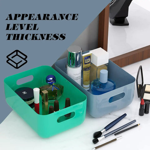 7 Pack Clear Storage Bins Easy Grab Four Point Two Liter with toiletries and makeup items