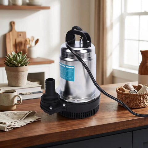 Cordless Submersible Water Pump 1003 GPH High Flow Battery Operated Drain Pump For Garden Irrigation And Rain Barrel Transfer No Strings Attached Ease sleek metal design on wooden countertop with plants.