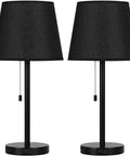 Modern Black Bedside Lamps Two Pack for Bedroom and Living Room With Pull Chain Switch, sleek metal base and black fabric shades