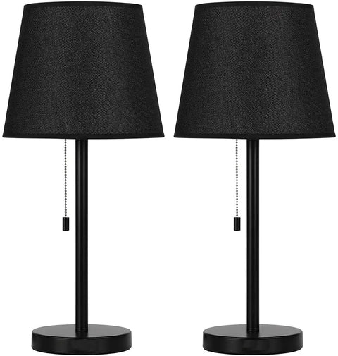 Modern Black Bedside Lamps Two Pack for Bedroom and Living Room With Pull Chain Switch, sleek metal base and black fabric shades