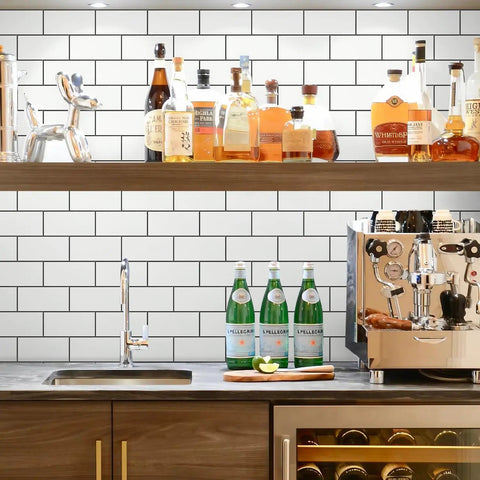 Subway Tile Peel And Stick Backsplash Kit With 10 Sheets In Polished White Ceramic Look Wall Tiles For Kitchen And Bathroom Easy DIY Install No Mess Realistic Texture above a modern bar setup.