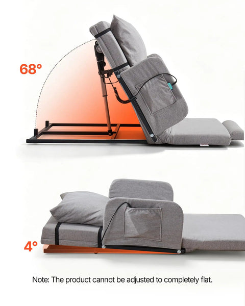 VEVOR Electric Bed Backrest With Rails And Remote, 300 Lb Weight Capacity For Pregnant Women Elders Patients, Adjustable Recline Angle Up To 68 Degrees, Machine Washable Cover, Heavy Duty Lifting Support For Reading Sleeping Comfort, showing 68° and 4° recline positions.