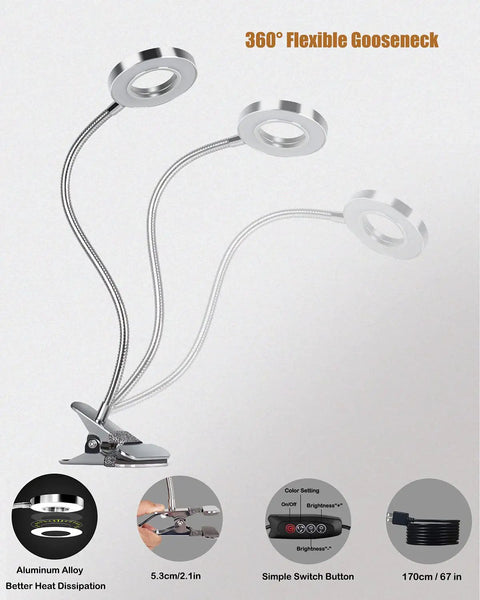 360° gooseneck design of LED Clip On Reading Light With Dimmable Brightness, 3 Modes And 10 Levels, flexible clamp desk lamp