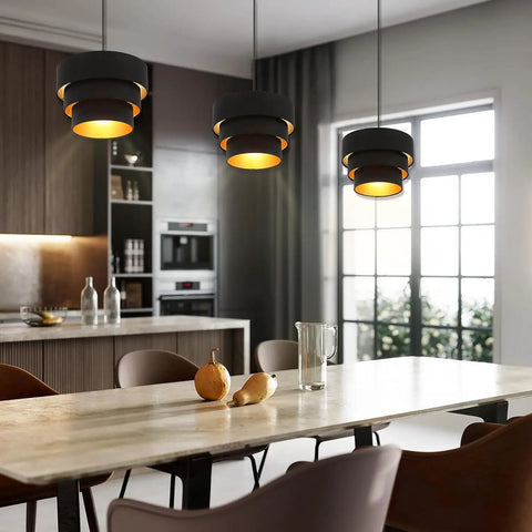 Plug In Pendant Light With Fabric Shade Three Tier Layered Hanging Lamp For Cozy Bedroom Kitchen Living Room Dining Table Black Modern Style Soft Glow Easy Install And Warm Ambience illuminating dining room table.