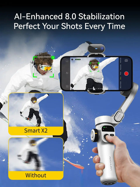 3 Axis Phone Gimbal With AI Tracking Sensor capturing action footage with 8.0 Stabilization tech and smartphone mount
