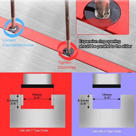 Rugged Aluminum Table Saw Miter Gauge designed with reliable flip stop fence and rapid adjustable locks for T and U type chutes.