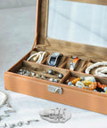 Open jewelry box with watches, bracelets, and the Vintage Metal Toolbox Lock Hasp Latch Set With Screws 6 Piece Small Cabinet Lock